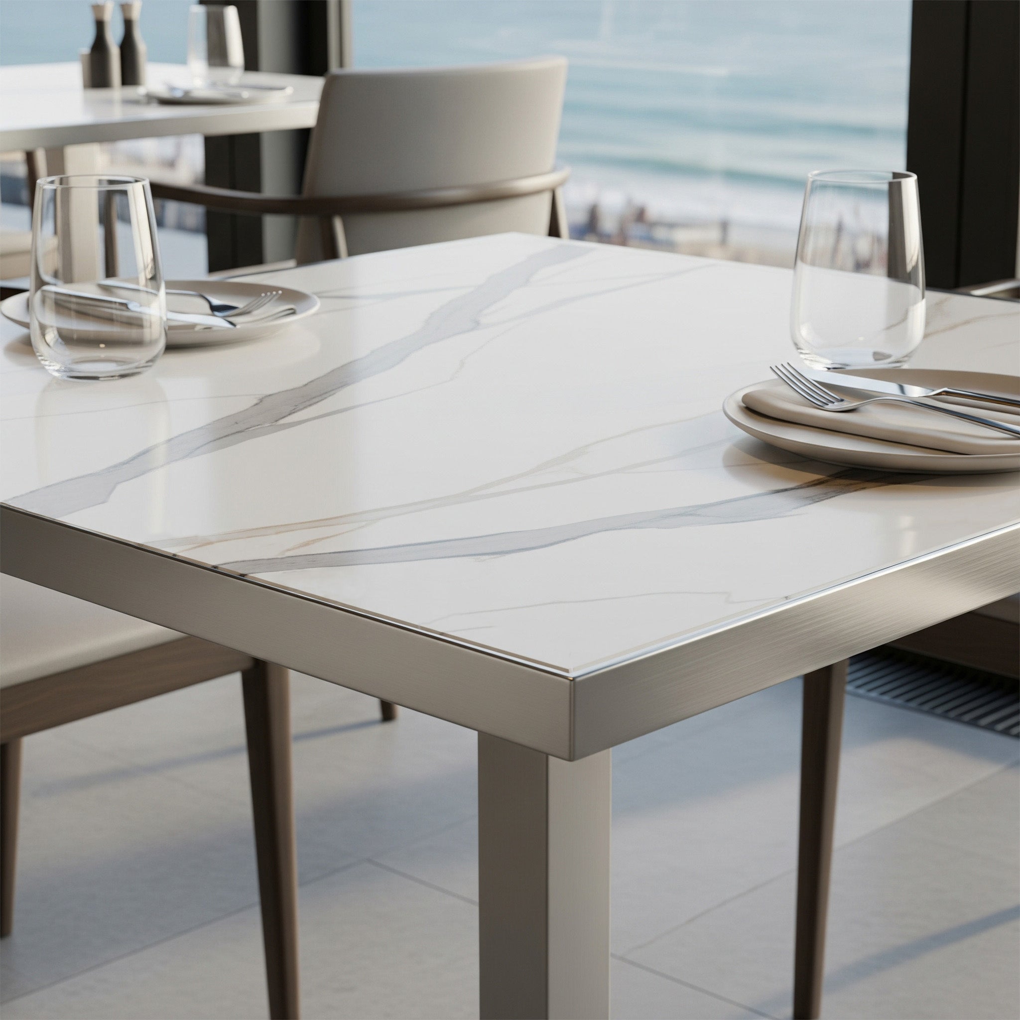 Rectangular dining table for 2 people - Sintered stone and stainless steel