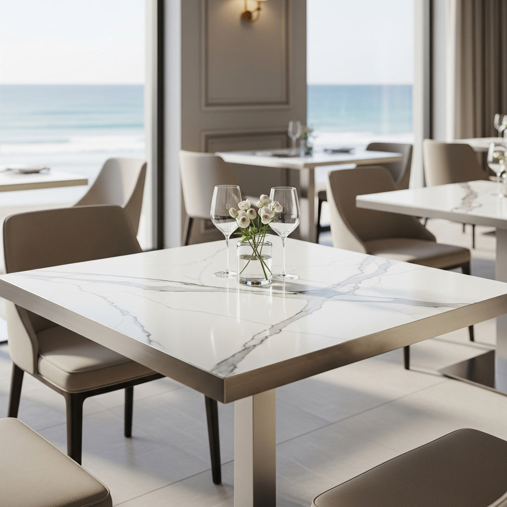 Rectangular dining table for 2 people - Sintered stone and stainless steel